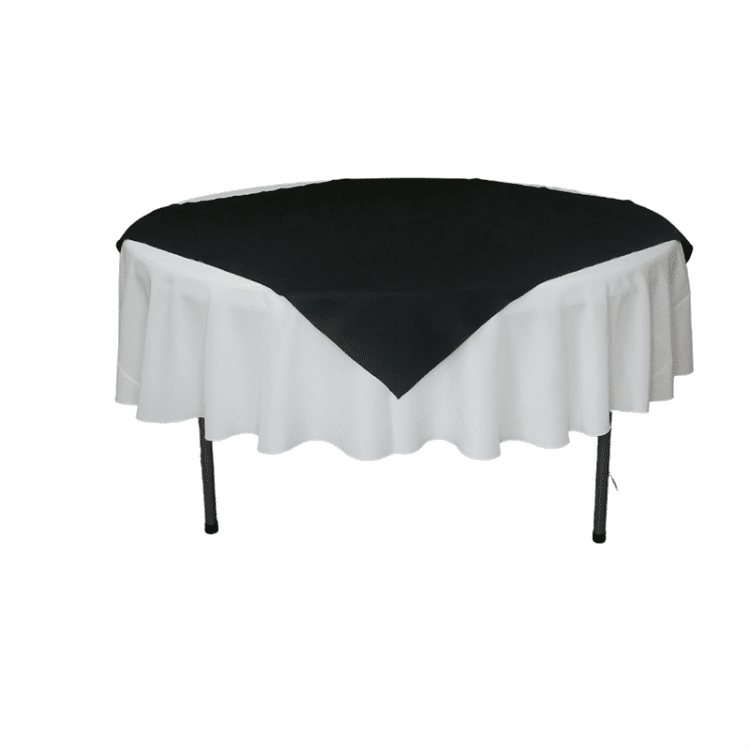90-inch round table linen featuring a black top and white skirt, suitable for event rentals, available in various colors.