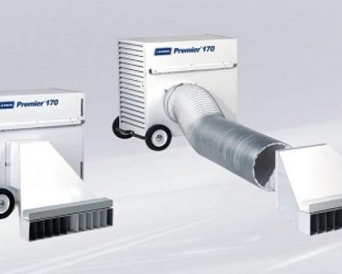 example image of two q70k btu tent heater rentals with ducts and diffusers installed
